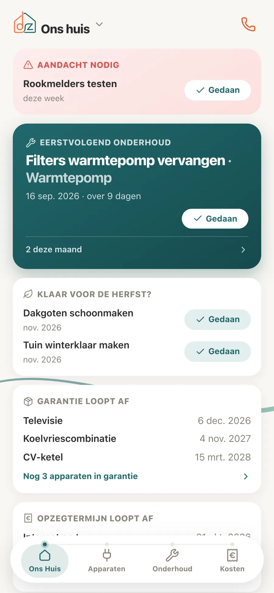 Domeaz — overzicht van het huis met onderhoud en aflopende garanties
